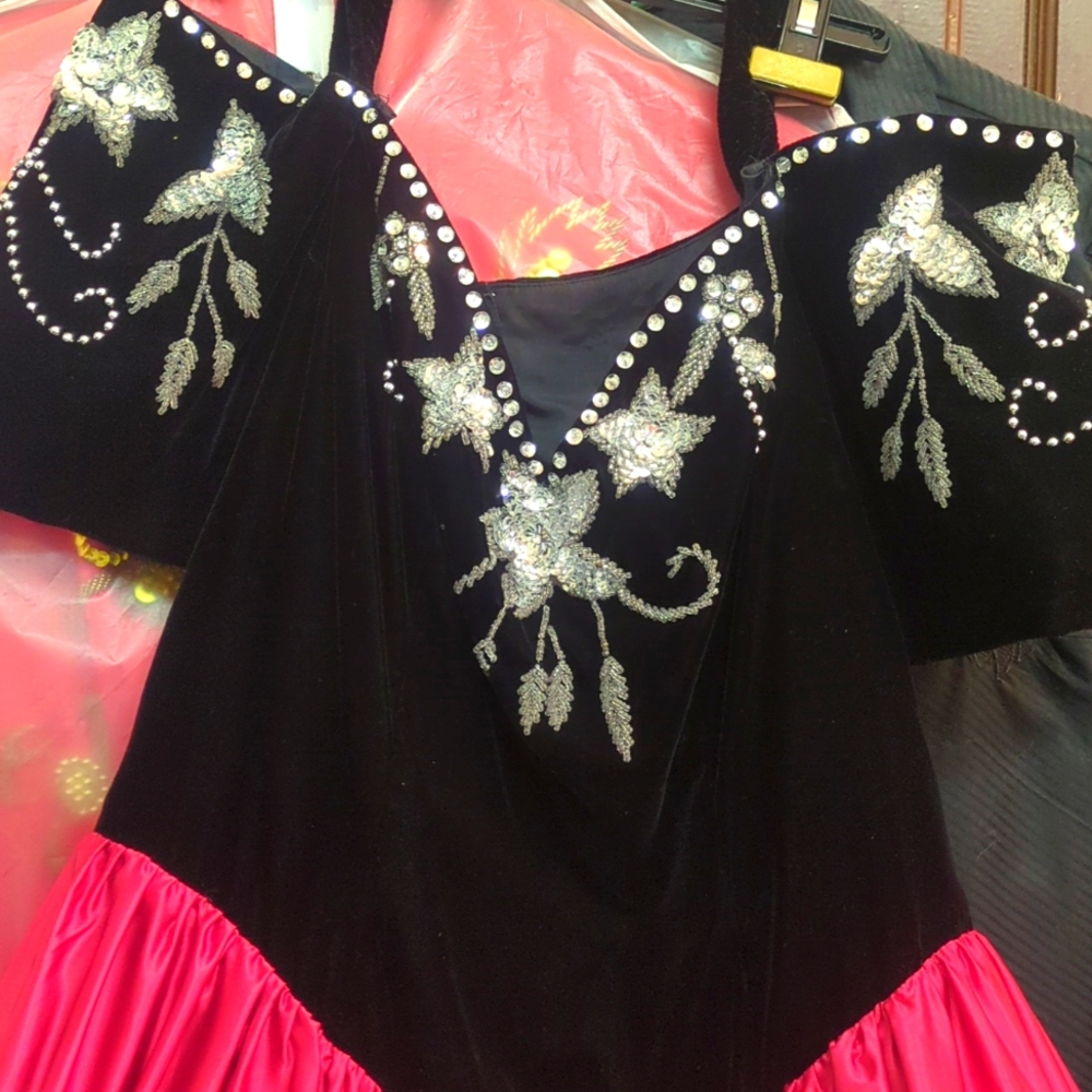 Custom evening gown black velvet & red satin silver grey sequins. Off shoulder
